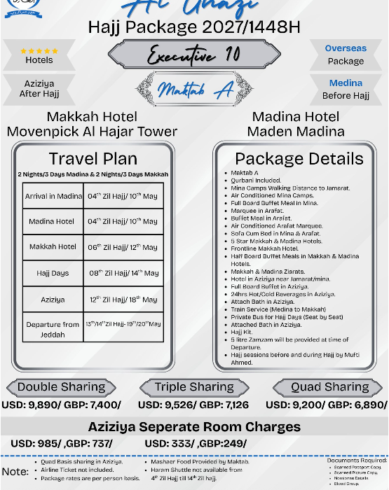 Executive 10 Days Hajj Packages from USA Germany UK 2027