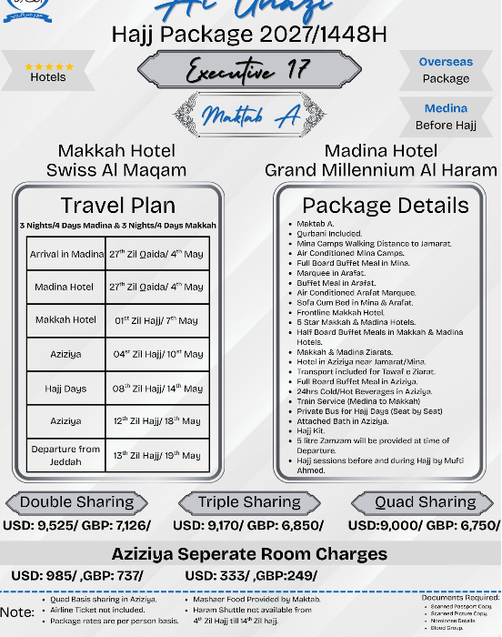 Executive 17 Days Hajj Packages from USA Germany UK 2027
