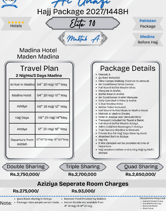 Elite Maktab A 10 Days Hajj 2027 Packages from Karachi | Islamabad | Lahore | Pakistan