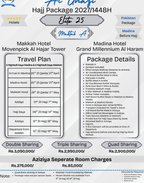 Elite Maktab A 25 Days Hajj 2027 Packages from Karachi | Islamabad | Lahore | Pakistan