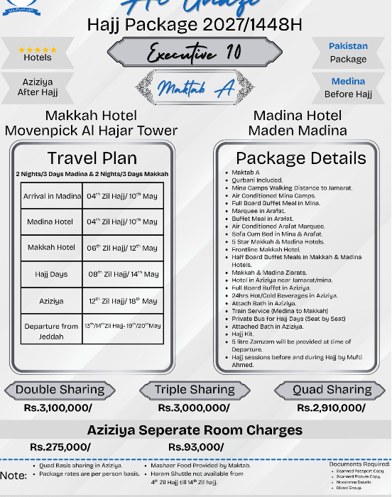 Luxury 10 Days Maktab A Hajj 2027 Packages from Karachi | Islamabad | Lahore | Pakistan