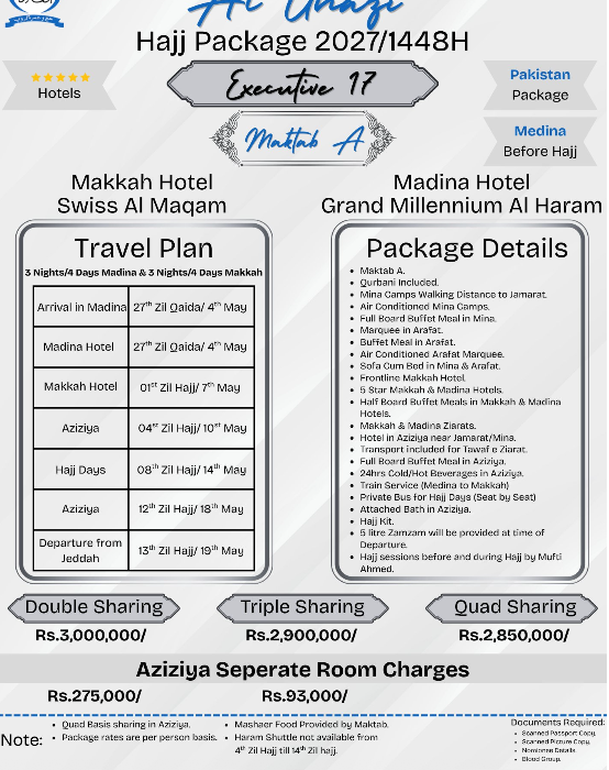 Luxury Executive 17 Days Hajj 2027 Package Maktab A from Karachi | Islamabad | Lahore | Pakistan