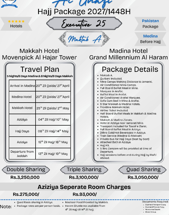 Luxury 25 Days Maktab A Hajj 2027 Packages from Karachi | Islamabad | Lahore | Pakistan
