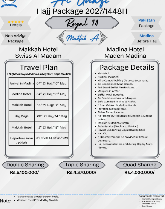 10 Days VVIP Royal Hajj 2027 Packages from Karachi | Islamabad | Lahore | Pakistan